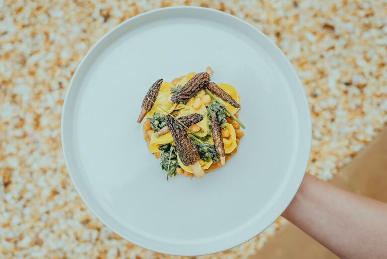 Refined vegetarian fine dining dish with seasonal morels and greens, showcasing ingredient-led zero-waste cooking in Tuscany at QB Cucina