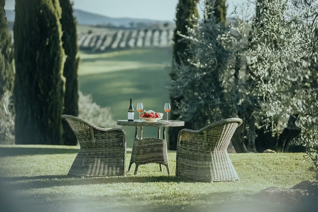 Earth Day in Tuscany at One Belvedere with outdoor dining overlooking vineyards