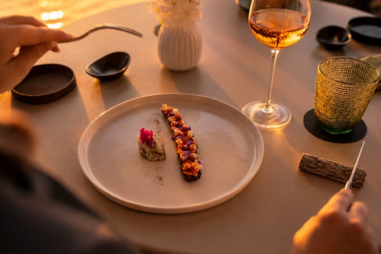 Seasonal vegetarian dish paired with wine during a slow food and wine experience at QB Cucina in Tuscany.