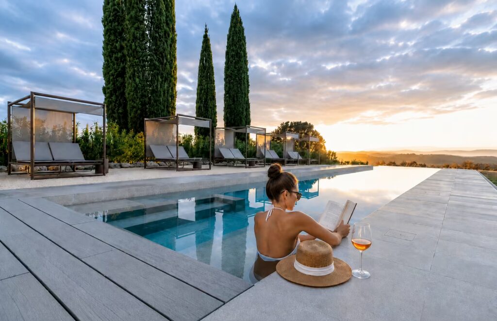 Guest reading beside an infinity pool at sunset with a glass of wine and panoramic Tuscan views at One Belvedere Tuscany