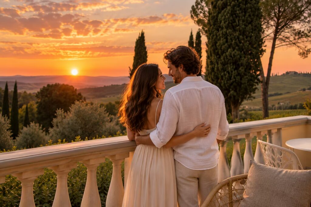 Couple embracing on a terrace at sunset during a honeymoon in Tuscany, overlooking the rolling Chianti countryside at One Belvedere Tuscany.